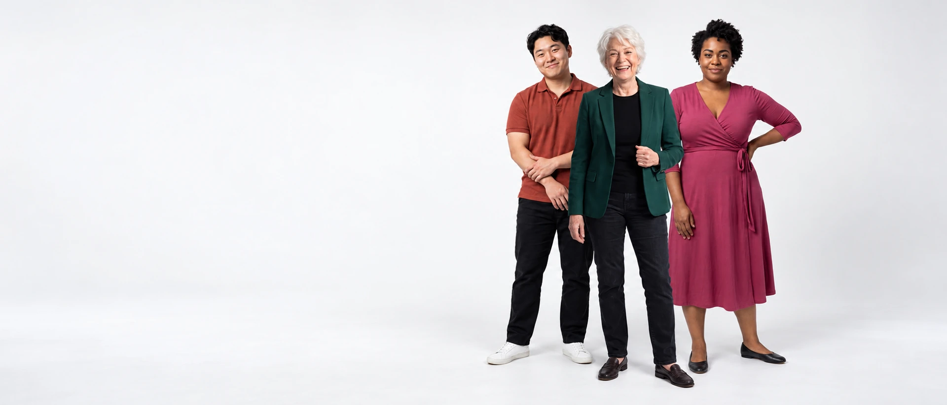 Three distinctive fictional human characters from the UNIQON collection, photographed together in full.